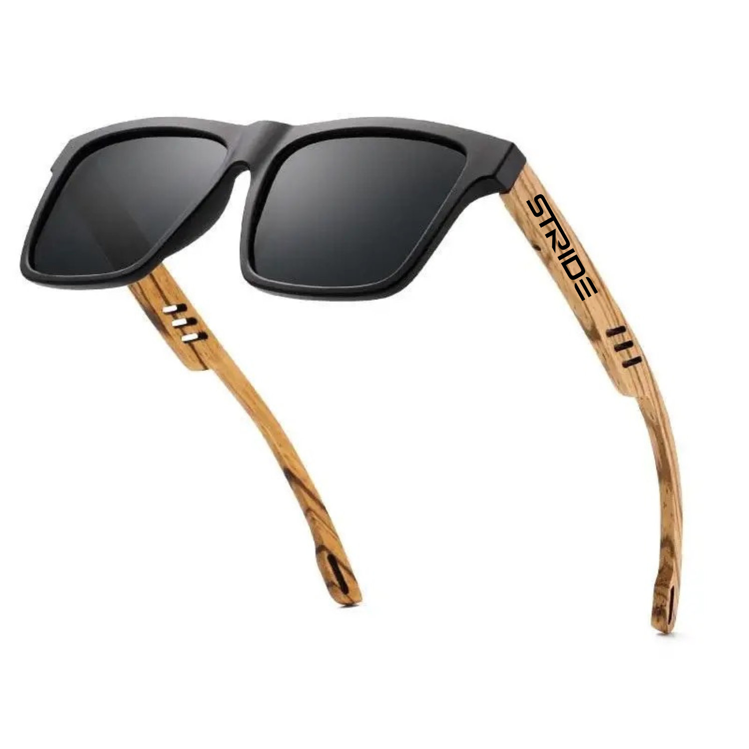 Polarised black sunglasses with a bamboo temple arm on both sides with a small logo in black written as Stride on right side and a small mountain logo on left side